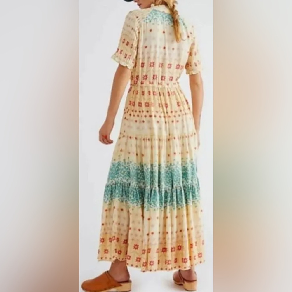Free People Cream Yellow Floral Maxi Dress with Teal Bands - Picture 5 of 7